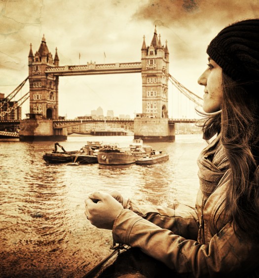Vintage Retro Picture of Girl in Front of Tower Bridge, London